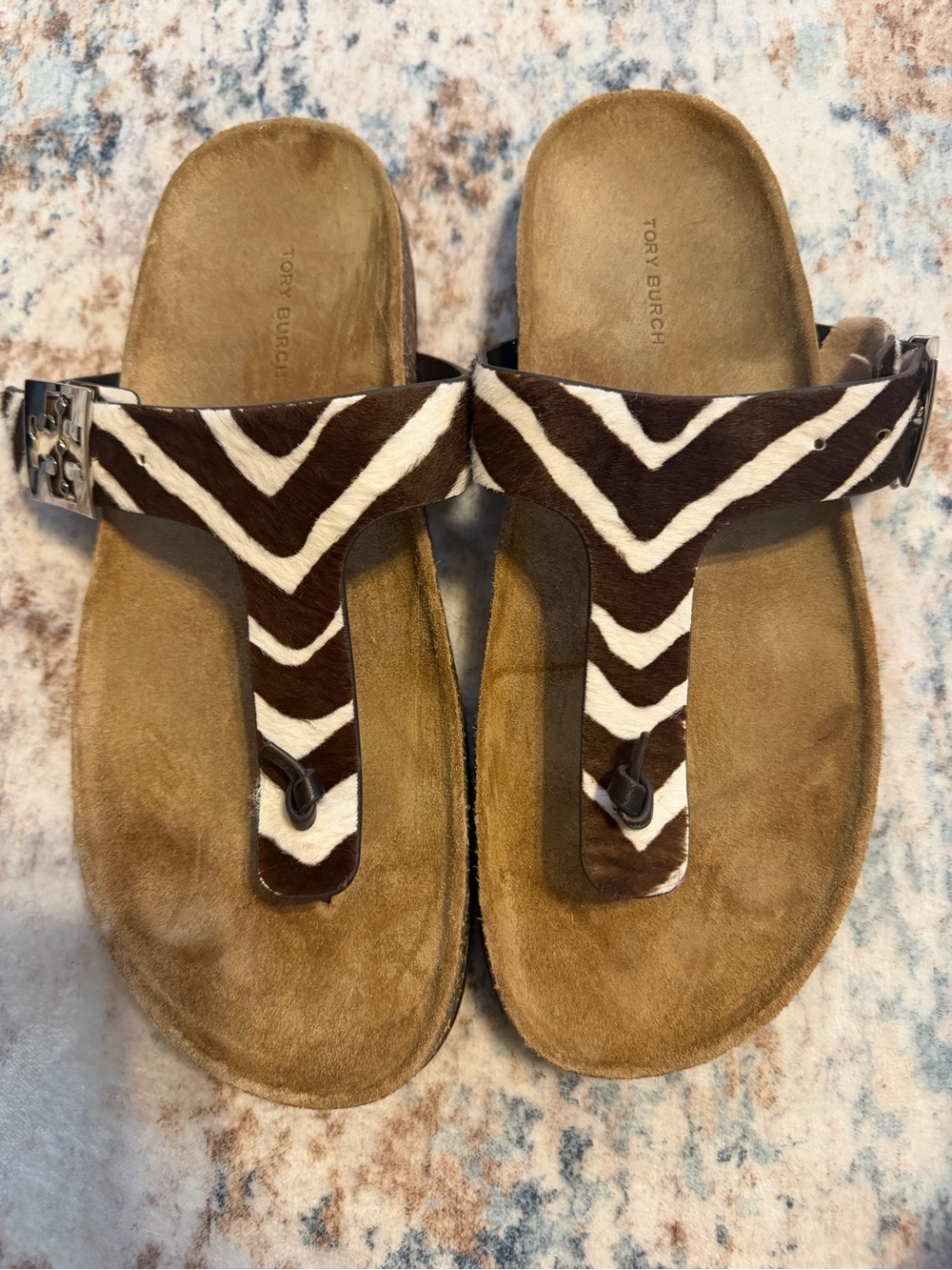 Tory Burch Brown and White Zebra-Print Thong Sandals